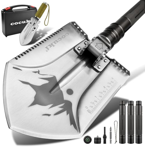 CoCuKi Camping Shovel Survival Kit, 2.0 Version One-Click Conversion Military Grade Multifunctional Folding Tactical Shovel with Titanium Backpacing Trowel for Camping, Emergency, Gardening, Hiking
