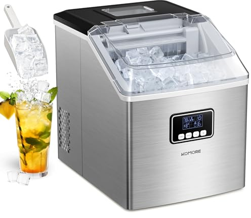 KOMORE Ice Maker Machine, 2.2L Stainless Steel Ice Cube Maker 20kg/Day, 24 Pcs Ready in 13 Mins, Self-Cleaning Ice Machine with Ice Scoop & Basket, LED Display, 24H-Timer, Portable for Home/Office/Bar