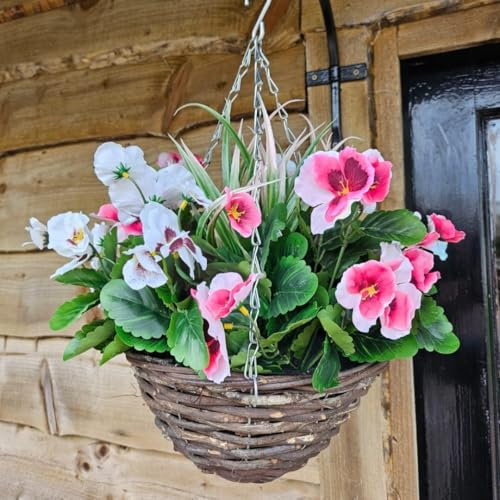 Best Artificial 30cm Pansy and Geranium Flower Display in 10 Rattan Wicker Hanging Basket for Outdoor Garden (Pink & White)