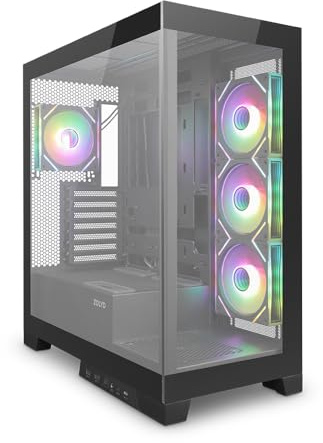 Zolyd Vexora - Caja Gaming ATX, Ventana Lateral y Frontal Panorámica de Cristal Templado, 4 Ventiladores ARGB de Espejo Infinito, Refrigeración Líquida hasta 425mm, Espacio Interno Optimizado, Negro