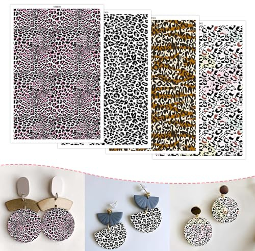 8 st leopard leröverföringspapper för örhängen smycken, 4 svarta leoparddesigner 8 ark överföringspapper av polymerlera, vattenlösliga dekalark för lerörhängen, smyckestillverkning, 5,82 x 3,236 cm
