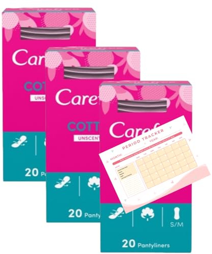 Care Cotton Feel Normal | Unscented | 60 Panty Liners Breathable | Sanitary Towels | 3 Pack | 60 Pieces | Period Tracker Included