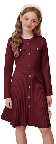 GRACE KARIN Robe Pull Fille Manches Longues Automne Hiver Enfant Robe Tricotée A-Line Col Rond Bordeaux 8-9 Ans