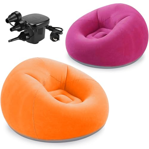 2 Pcs Inflatable Bean Bag Chairs with Electric Air Pump Outdoor Blow up Chair Inflatable Lazy Sofa Folding Portable Loungers Couch for Living Room Bedroom (Orange, Pink)