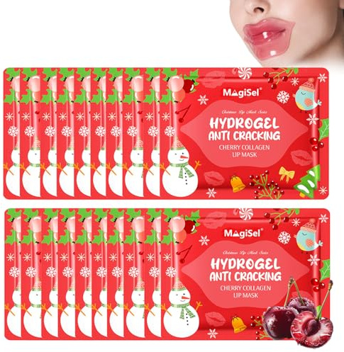 20 Piezas Colágeno Lip Mask Navideña, Cereza Colágeno Mascarilla Labios Navideña, Nutritivo Hidratantes Tratamiento Labial, Mejora secos y ásperos, Adecuado Para Labios Secos y Agrietados
