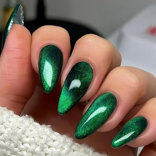 Auroriel 24 Pieces Almond-Shaped Green Cat Eye Press On Nails Medium Length Shiny Chrome Glitter Acrylic Art Nails With Gel Glue For Women Manicure