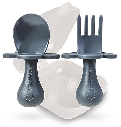 Grabease Kleinkindutensilien Kleinkindlöffel und -gabeln Babybesteck Kleinkindgabel, Bpa-frei und Phthalatfrei für Babys und Kleinkinder, 1 Set, Grau