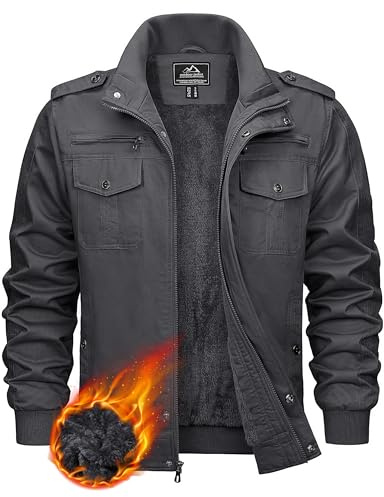 KEFITEVD Men's Fleece Cargo Jacket Thermal Spring Military Motorcycle Jacket Multi Pockets Hunting Coat, 141 Dark Grey, L