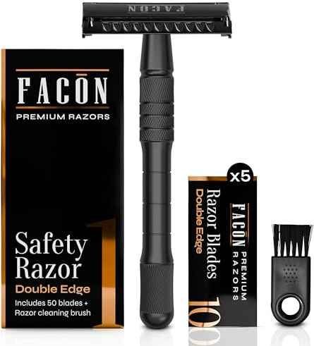 Facón Double Edge Safety Razor for Men & Women - Butterfly Open Stainless Steel Razor w/ 50 Platinum Double Edge Safety Razor Blades, Single Blade Razor for Smooth Close Shave, Reusable & Eco-Friendly