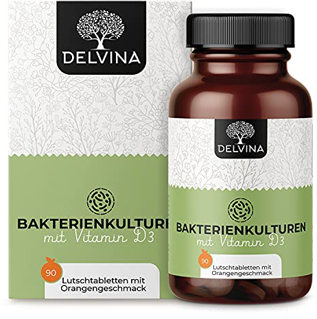 DELVINA Mundgeruch bekämpfen - 90 Lutschtabletten für Mundhygiene ohne Mundspülung und Zungenreiniger - Frischer Atem - Bakterienkulturen mit Vitamin D3 gegen Mundgeruch, Orange (90 Kapseln - 90 Tage)