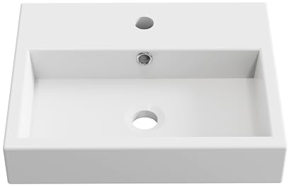 BAIKAL - Lavabo Cerámico sobre Encimera. Lavabo Cuadrado en acabado Blanco Brillo. Medidas 46 x 37 x 9 cm. Con orificio para grifo. Envío con Embalaje Reforzado