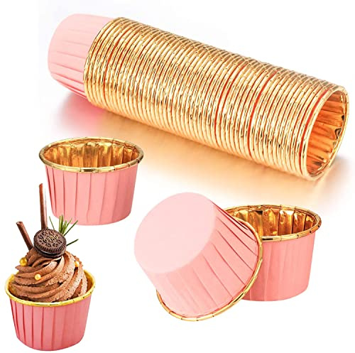 Muffinsformar papper, cupcake-formar papper, non-stick-belagd engångskopp för muffinsform cupcake, 50 stycken, rosa-guld