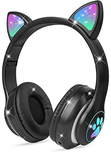 AXFEE Kinderkopfhörer Bluetooth, Mädchen Katzenohr Kopfhörer Over-Ear mit LED-licht Faltbare Stereo Kopfhörer Kabellose, Kopfhörer Kinder mit Mikrofon, Micro SD/TF, für Handy/Tablet/PC