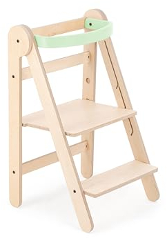 Mamatoyz 08FMINT Fold Mint Montessori-Lernturm, Faltbarer Mehrzweck-Lernturm aus natürlichem Birkenholz mit 2 einstellbaren Höhen, Keine scharfen Kanten, mit abgerundeten Kanten
