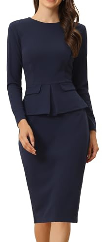 Allegra K Women's Bodycon Dresses Round Neck Long Sleeve Casual Work Outfits Peplum Sheath Dress Navy Blue S