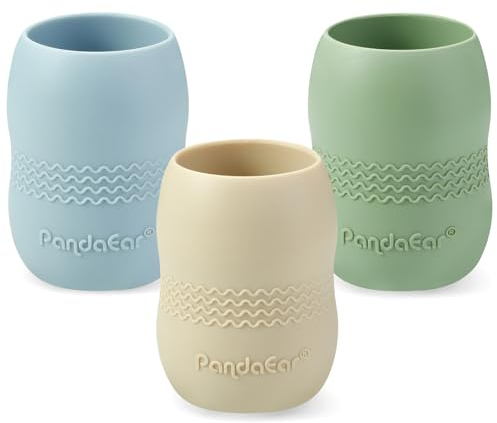 PandaEar 3 Stück Baby Trinkbecher ab 6 Monate | 100% Silikon Trinkbecher Kinder | Baby Trinkflasche Sippy Cup Schnabeltasse Kinderbecher | (Blau/Grün/Tan)