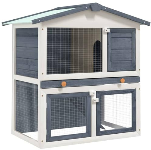 IKAYAA Establo para animales pequeños de 2 niveles, jaula para animales pequeños, jaula para animales pequeños, gallinero, conejera de 3 puertas, recinto de madera para conejos