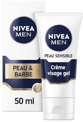 NIVEA MEN Crème Visage Gel Peau & Barbe pour peaux sensibles (1 x 50 ml), crème visage hydratante homme 0% alcool, soin barbe homme apaisant à la peau sensible et irritée