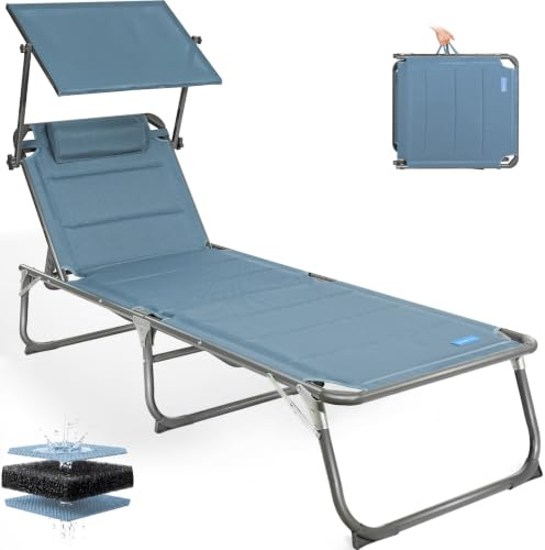 Homecall Solstol, hopfällbar trädgårdsstol med tak, nackstöd, 5-vägs justerbart ryggstöd, strandstol, bärbar liggstol upp till 180 kg för trädgård, utomhus, balkong, camping – XXL (blå)