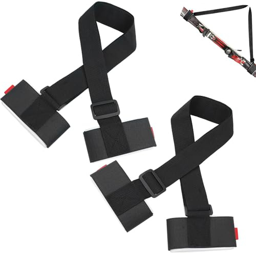 eModwey 2 Piezas de Correa de Portador de Esquí, Portador de Hombro con Asa y Cinta de Fijación Acolchada, Ideal para Sujetar Fácilmente Esquís y Bastones, Negro, Longitud Ajustable