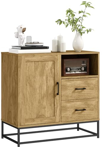 HOMCOM Credenza con 2 Cassetti e Armadietto Regolabile, Mobile Soggiorno con Ripiano Aperto e Base in Metallo, per Cucina e Sala da Pranzo, 80x40x78 cm, Marrone