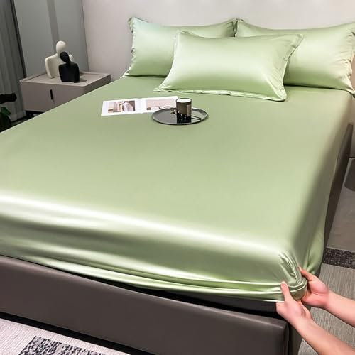 KnSam Grün Betttuch mit 2er Kissenbezüge 180x200cm Set 3tlg Verstaubar, Spannbettlaken Einfarbig Schlafkomfort, Satin Tagesdecke Unterbett als Schutz für Boxspringbett & Topper