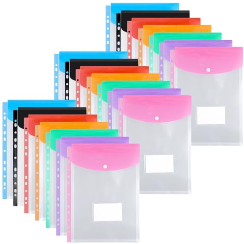 FUNSUEI 21 carteras de plástico multicolor perforadas A4, carpetas de plástico expandibles con cierre de botón y bolsillo para etiquetas para escuela, oficina, hogar, 32 x 23,5 cm