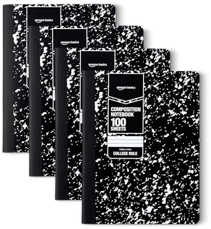 Amazon Basics Composition Notebook, College Ruled, 100 Sheets, 9.75 x 7.5, 4 pack, Marble Black