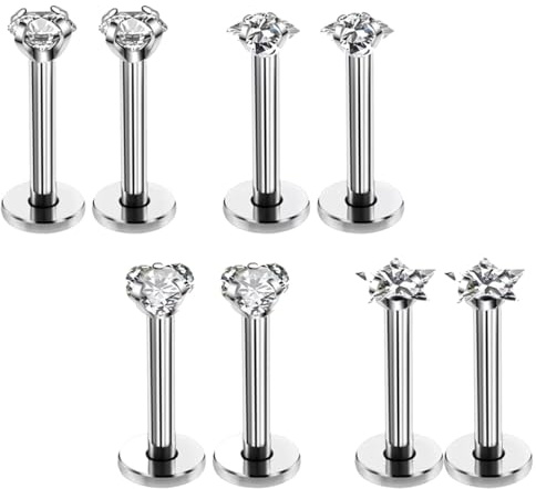 FENQURO 16G 8 Pz Piercings Naso Helix in Acciaio Chirurgico Labbro Orecchio 6/8mm