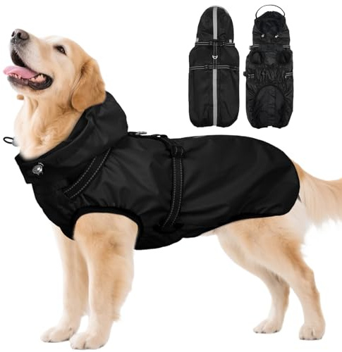OUOBOB Dog Raincoats for Large Dogs with Hood, Waterproof Dog Rain Jacket with Adjustable Built-in Harness & Back Zipper, Reflective Strip, Removable Hood,for Rainy Walks, Muddy Roads - Black XXXL