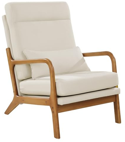 VEVOR Accent Chair, High Back Mid Century Modern Armchair with Solid Wood Frame and Non-Slip Legs, Upholstered Leisure Chair with Linen Fabric and 5.3 in Thickened Cushion, for Living Room, Bedroom