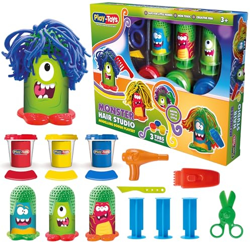 Play Toys Monster Hair Studio Playset – Includes 3 x 30g Dough Tubs, 3 Funny Monster Heads & 5 Barber Tools – Crazy Hair Salon Toy for Kids Aged 3+