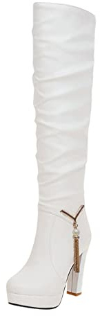 Generisch Bottes hautes sexy pour femme avec talon épais et grandes bottines à talons hauts extrêmement plateformes avec talon bloc et lacets fermeture éclair, Blanc., 41 EU