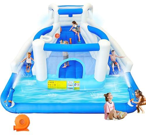 DIYJOTOFUN Aufblasbarer Wasserspielpark Hüpfburg mit Wasserrutsche Trampolin Basketballkorb und 2 Wasserpistolen Outdoor Hüpfburg für Kinder, geeignet für Garten und Party