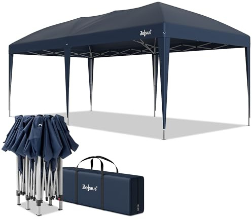 Zelsius Vikbar paviljong 3 x 3 m | blå | popup paviljong UV30, fällbart, fällbart, festtält med väska | skydd för trädgård, solskydd, trädgårdspaviljong, vikbar, popup-tält