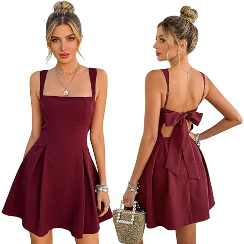 EOAMGO Black Dress for Women, Women's Sexy Sleeveless Square Neck Ruffle Dress, Adjustable Straps Bow Tie A-line Mini Party Club Dresses for Women UK