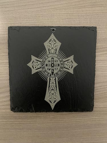 Croce di San Benedetto, Quadro Sacro da Parete in Ardesia, Decorazione Religiosa Cristiana, ardesia 15x15 cm, Idea Regalo Spirituale per Casa o Cappella