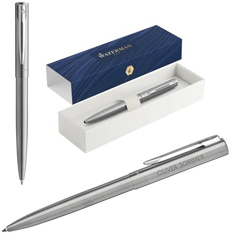 Waterman Allure - Stylo à bille gravé - Stylo d'écriture de luxe personnalisé - Stylo d'écriture élégant pour homme et femme - Encre bleue (acier inoxydable)
