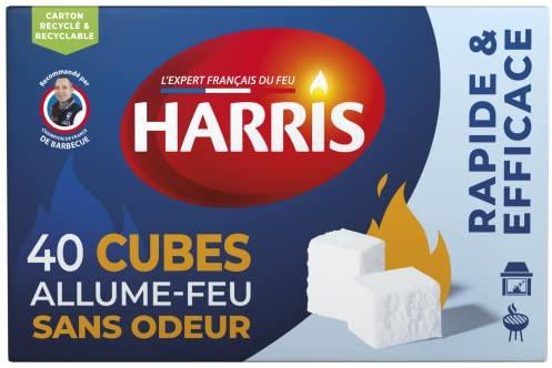 Harris 40 cubos de encendido, sin olor de larga duración, 40 cubos blancos, eficientes, rápidos y potentes, luz de chimenea, luz de madera, estuche, barbacoa y parrilla – Compacto, ligero, práctica