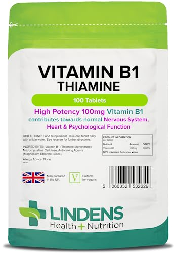 Lindens Vitamin B1 Thiamin 100 mg Tabletten | 100 Verpackung | Superstarke 7000 % NRV Tabletten. Unterstützen einen gesunden Stoffwechsel und die gesunde Herzfunktion