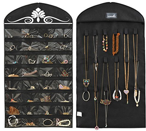 MISSLO Hanging Jewellery Organiser Wardrobe Necklaces Earrings bracelets Accessories Storage Jewelry Holder 32 Pockets 18 Loops, Black