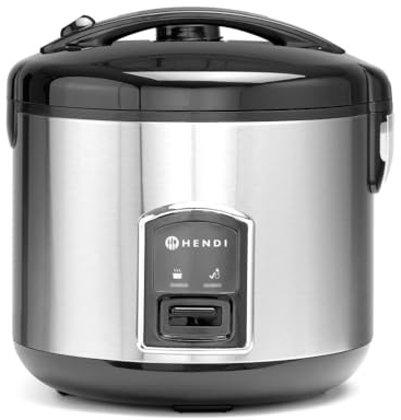 HENDI Reiskocher, Reiskocher mit Dampfgarfunktion, Warmhaltefunktion, 10 Tassen Trockenreis, Inhalt 1,8L, Inklusive Dampfgareinsatz, Messbecher und Reislöffel, 230V, 700W, ø280x(H)285mm, Edelstahl