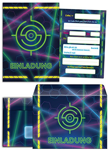 JuNa-Experten 6 Einladungskarten Geburtstag Kinder Lasertag für Mädchen Jungen incl. 6 Umschläge Jungs Einladungen Kindergeburtstag Geburtstagseinladungen Set Kartenset Party