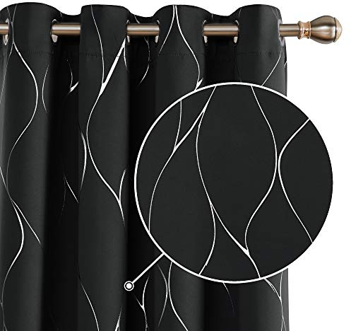 Deconovo Blackout Curtains Noise Reduction Curtains Silver Wave Line Foil Printed Curtains Thermal Insulated Eyelet Curtains for Bedroom Black W55 x L95 One Pair