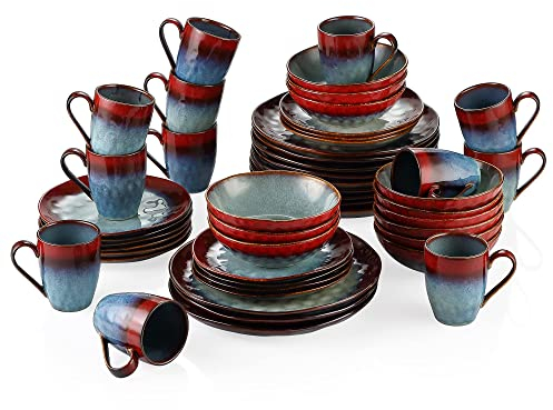 vancasso Starry Red Dinner Set, Reactive Glaze Dinnerware Tableware, 48-Piece Dinner Service with 11in Dinner Plate, 8in Dessert Plate, 7in Bowl and 330ml Mug, Service for 12