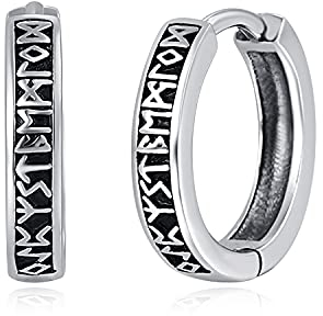 KINGWHYTE Unisex Creolen Männer 925 Sterling Silber Wikinger Rune Schwarz Ohrringe Geburtstag Geschenke für Damen Herren