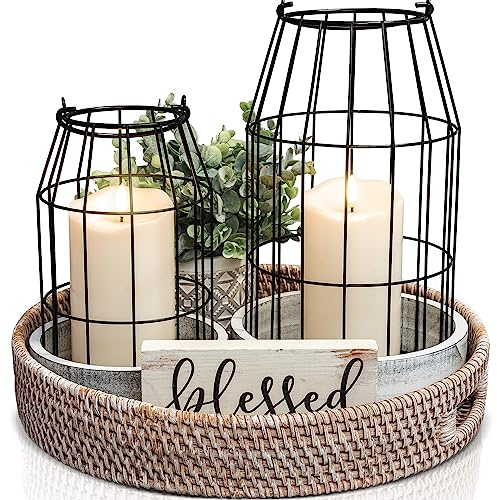 Rustic Farmhouse Lantern Decor Set of 2 - Stylish Decorative Lanterns for Your Living Room, Patio & Porch or Kitchen Dining Table - Modern Indoor/Outdoor Coffee Table Decor for Your Entire Home