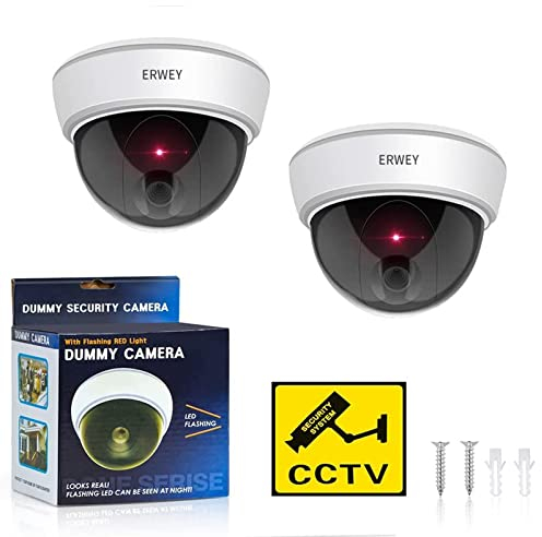 ERWEY Kamera Attrappe mit Objektiv Videoüberwachung Warensicherung Überwachungskamera Fake Camera mit rotem LED Licht für Wand Decke 2 Set mit gelochtem Papier 2Stk.