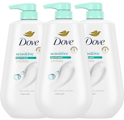 Dove Body Wash 3 Count Sensitive Skin For 24hr Lotion-Soft Skin Moisturizing Skin Cleanser Gentle Hypoallergenic Formula with No Sulfates No Parabens