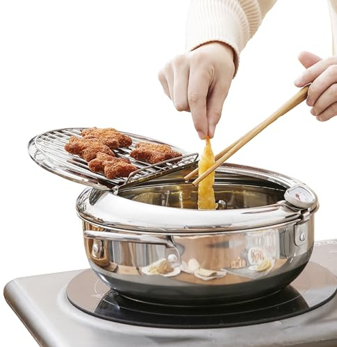Saltlas Deep Fryer Pot (°C), 11/4.4Qt (4.2 L) Extra Large Tempura Frying Pot with Lid, 304 Stainless Steel Fry Pot with Temperature Control and Oil Drip Drain Rack